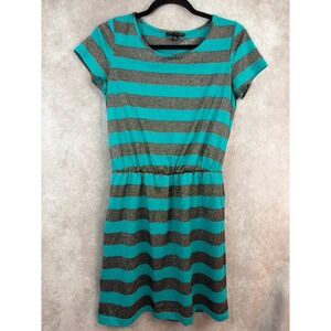 VtG Y2K City Triangles Turquoise & Metallic Gray Stripe Elastic Waist Dress Sz M